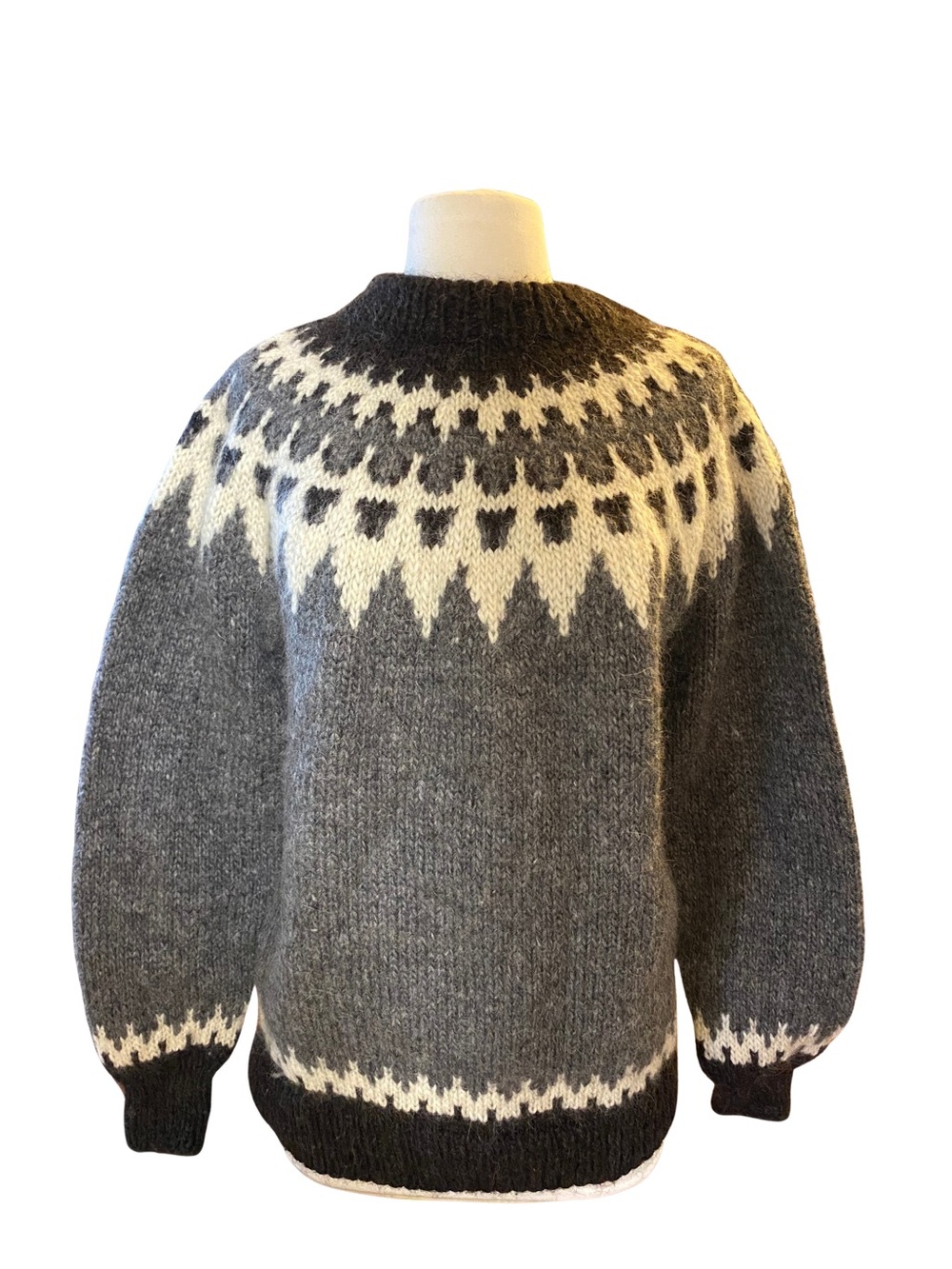Hand-knit Icelandic Grey Wool Sweater with White Yoke